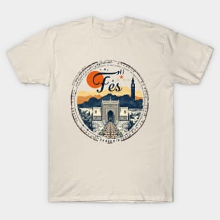 Fez Passport Stamp T-Shirt – Vintage Fès Morocco Travel Design with Blue Gate and Mosaic Icons T-Shirt